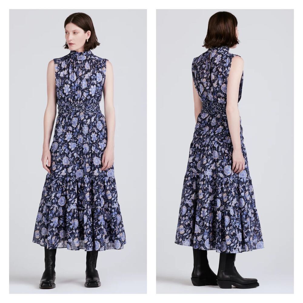 Derek Lam 10 Crosby The Junia Ruched Sleeveless Floral Midi Dress Size 6